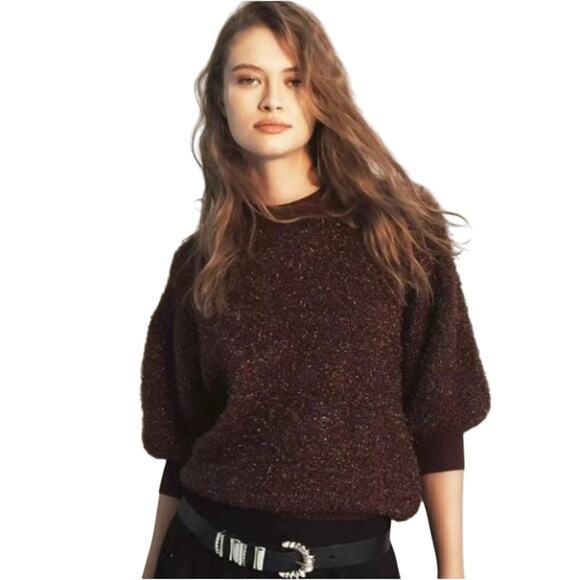 Anthropologie Maeve Violetta brown short sleeve tinsel open back sweater SIZE M - Picture 3 of 7